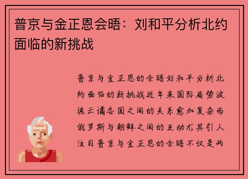 普京与金正恩会晤：刘和平分析北约面临的新挑战