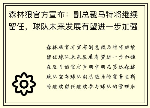 森林狼官方宣布：副总裁马特将继续留任，球队未来发展有望进一步加强