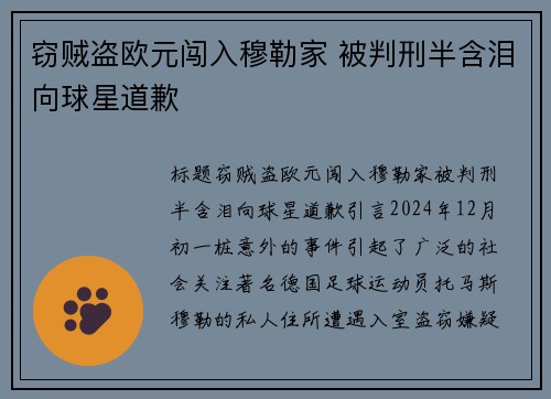 窃贼盗欧元闯入穆勒家 被判刑半含泪向球星道歉