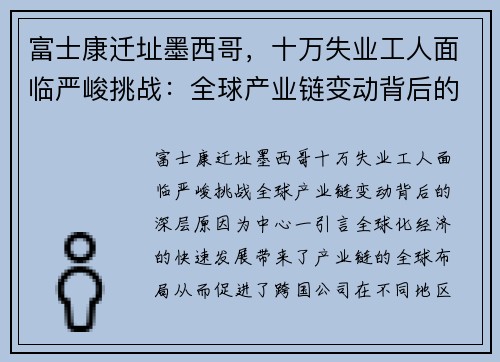 富士康迁址墨西哥，十万失业工人面临严峻挑战：全球产业链变动背后的深层原因