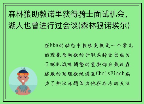 森林狼助教诺里获得骑士面试机会，湖人也曾进行过会谈(森林狼诺埃尔)