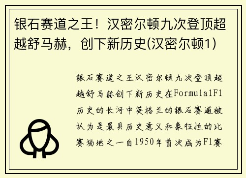 银石赛道之王！汉密尔顿九次登顶超越舒马赫，创下新历史(汉密尔顿1)