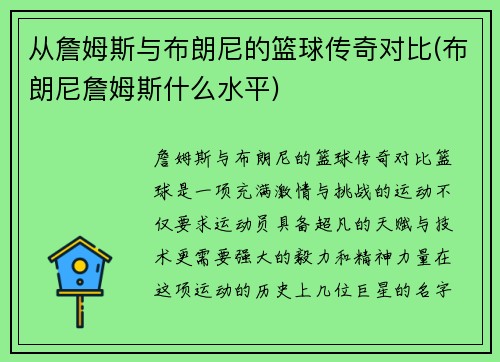 从詹姆斯与布朗尼的篮球传奇对比(布朗尼詹姆斯什么水平)