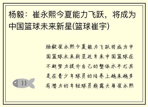 杨毅:崔永熙今夏能力飞跃,将成为中国篮球未来新星(篮球崔宇)